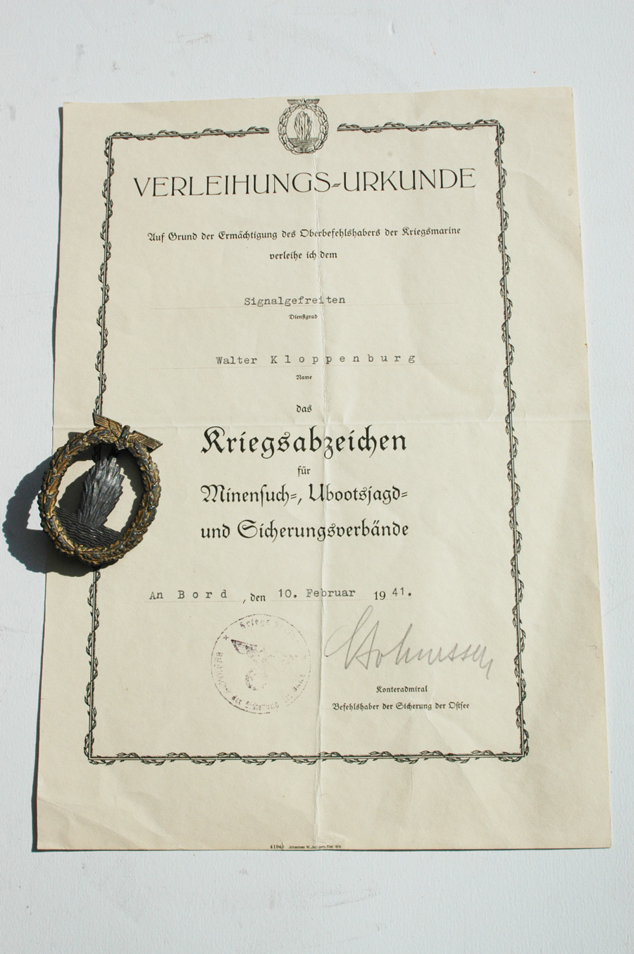 Named U-Boat Grouping with Medals and Photos